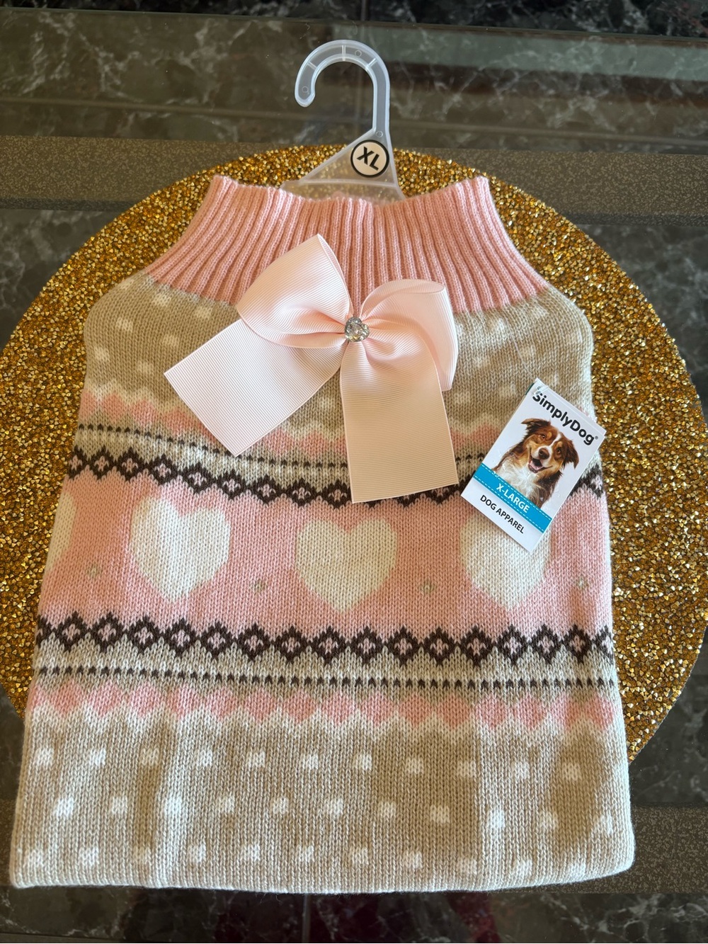 SimplyDog NWT Heart Knit Dog Sweater/ heart jewel in Pink and Beige. Size XLarge